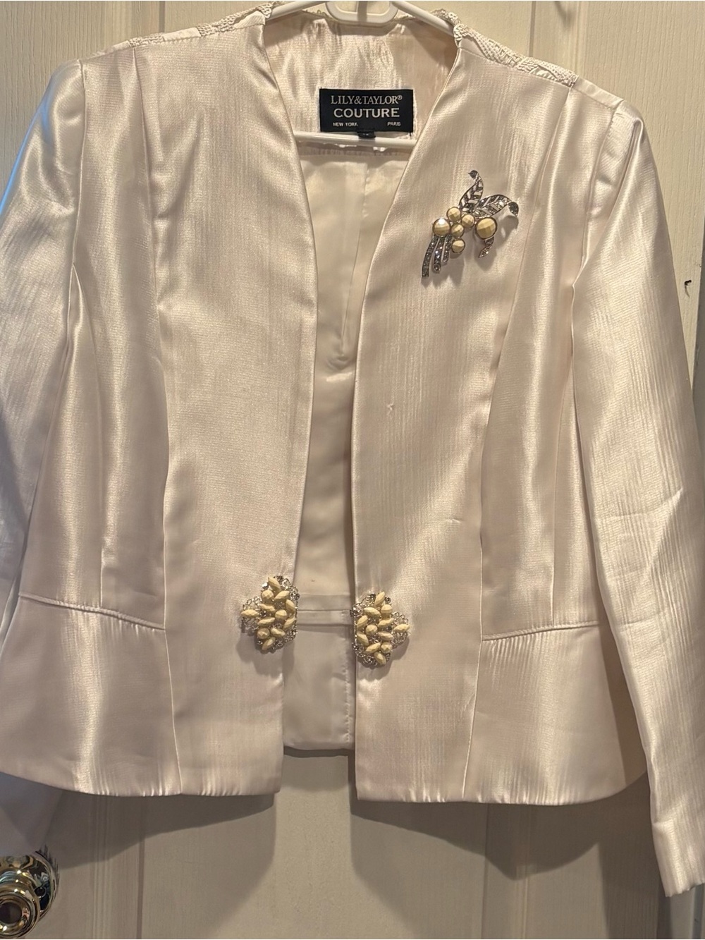 Taylor Cream Satin Open-Front Blazer with Jeweled Accents